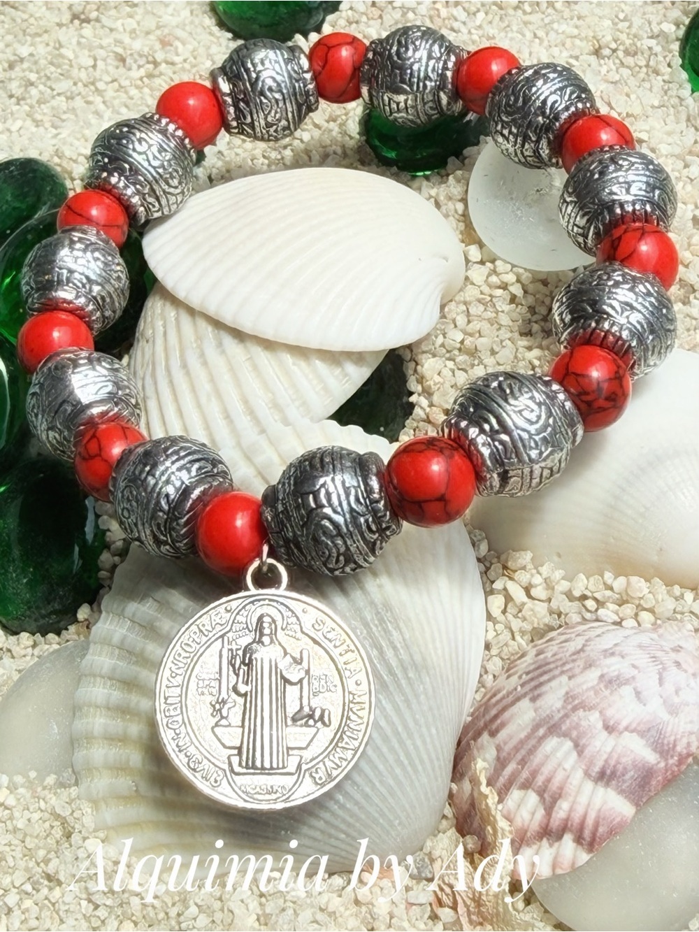 Americana Red turquoise and Silver St. Benedict Charm Beaded Bracelet
